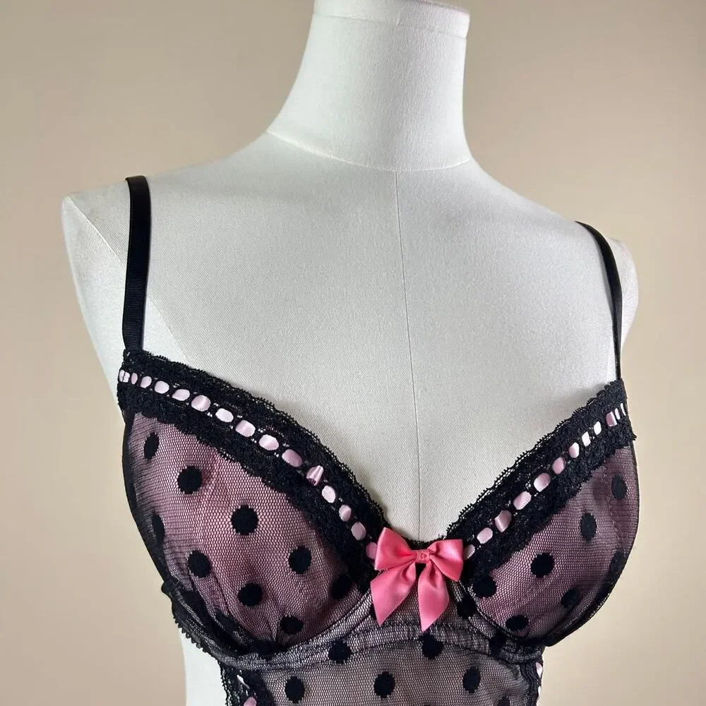 Sexy Little Things Coquette Black and Pink Polka Dot Maid Slip